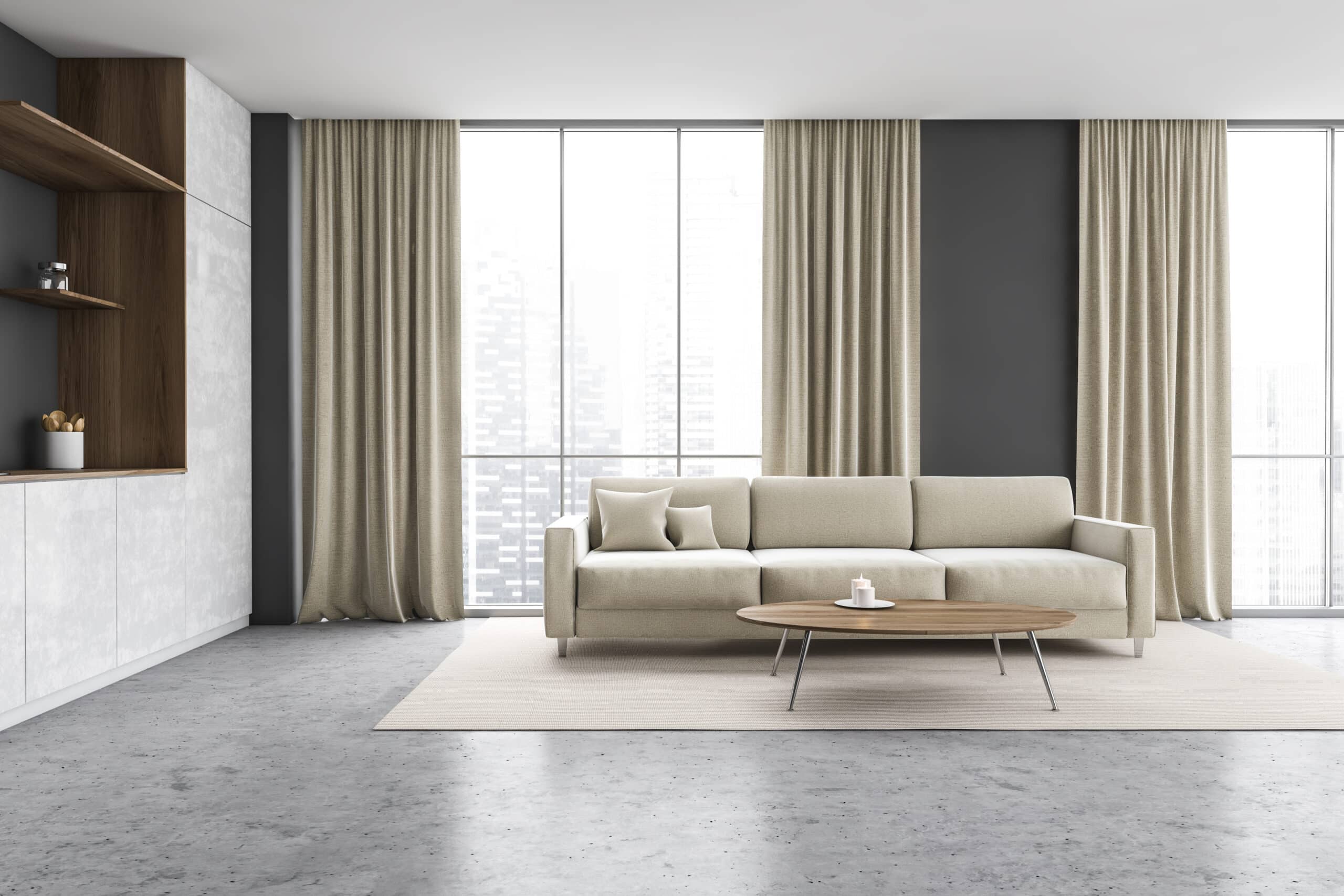 Wooden and grey minimalist kitchen set near window with curtains. Sofa and coffee table on white carpet. Kitchen with furniture, 3D rendering no people