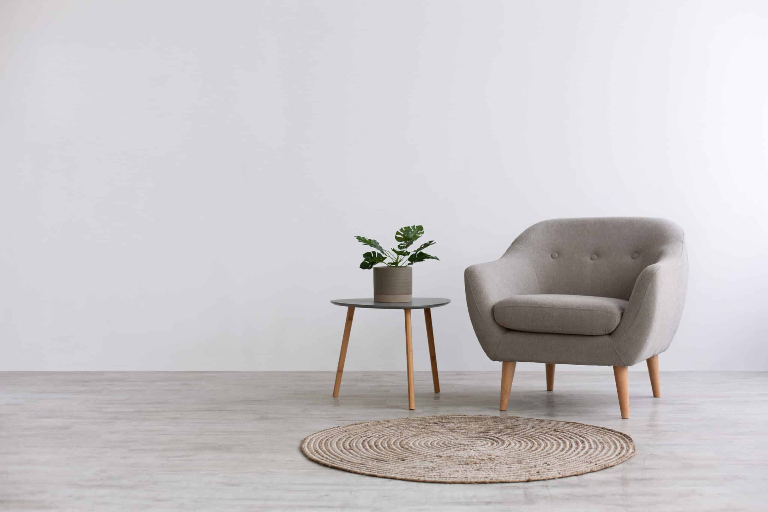 Modern interior design with light empty mock-up wall and gray furniture, loft and vintage of living room. Armchair, table with green plant in pot, round carpet on floor, on white wall background