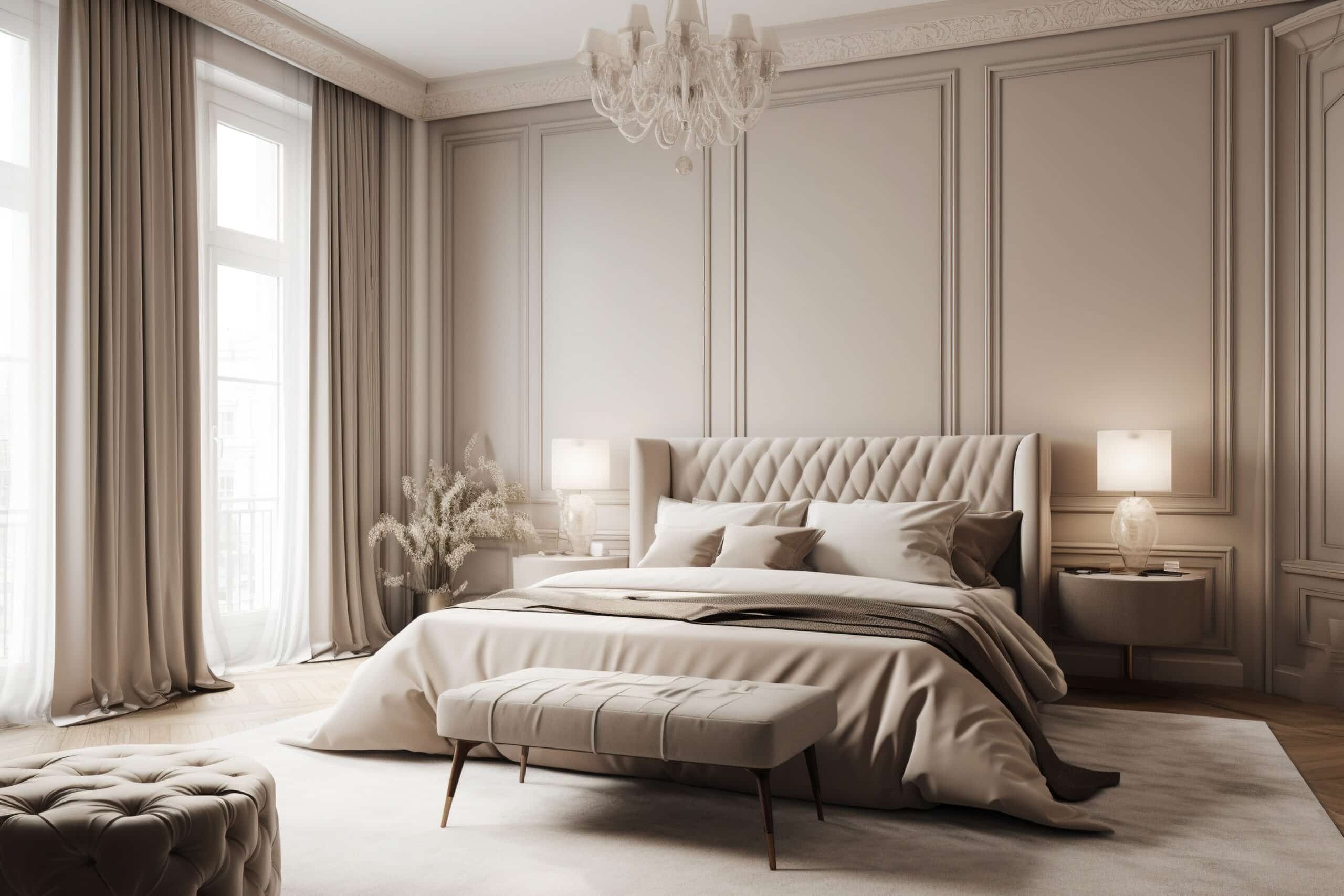 Opulent bedroom with a bed in the middle and marble slabs throughout. Mild beige hues, including white, milk, brown, and taupe. Blank wall interior design