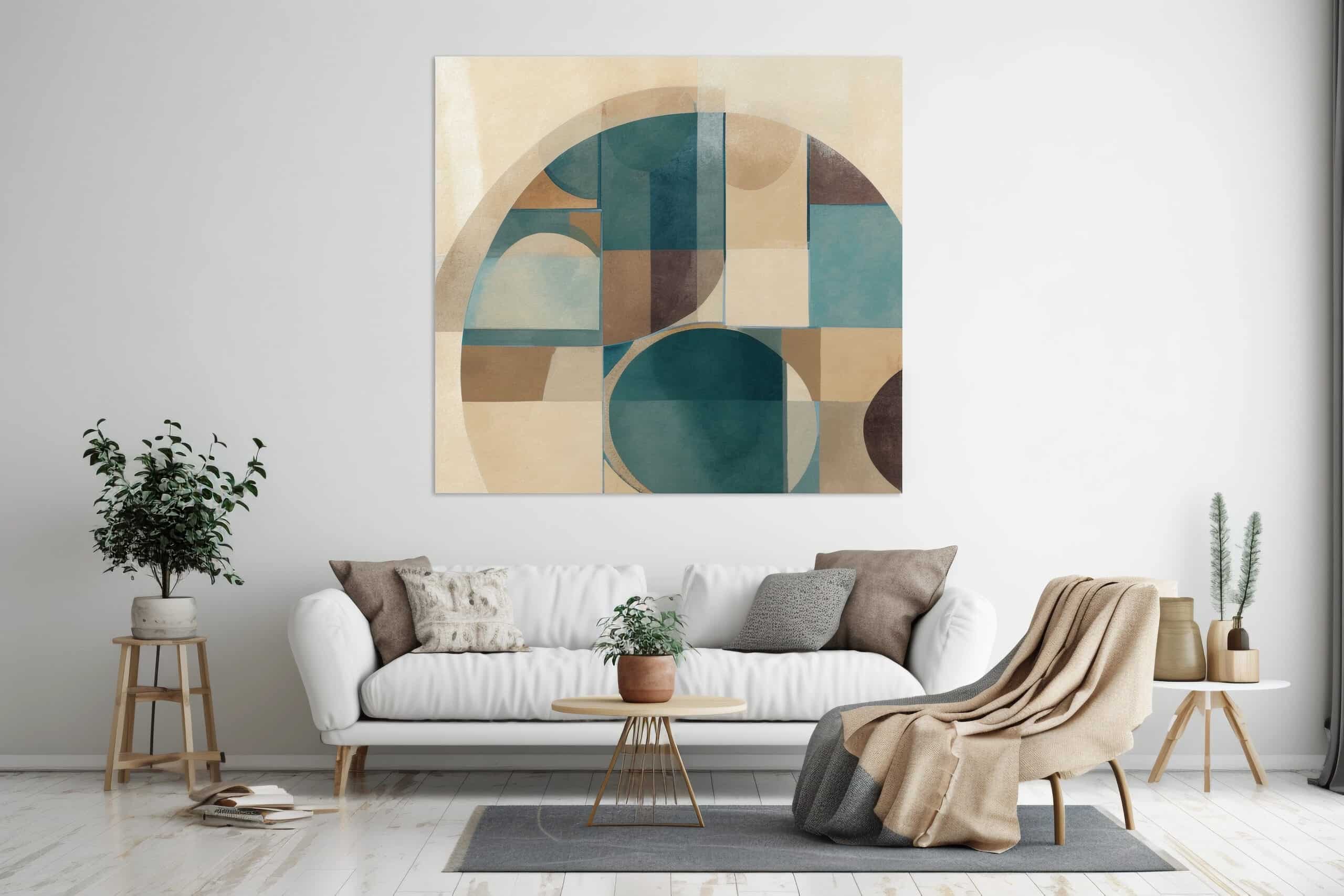 Retro mid century interior with navy blue and beige wall art in textured abstract style. Cozy furniture. Generative AI image.
